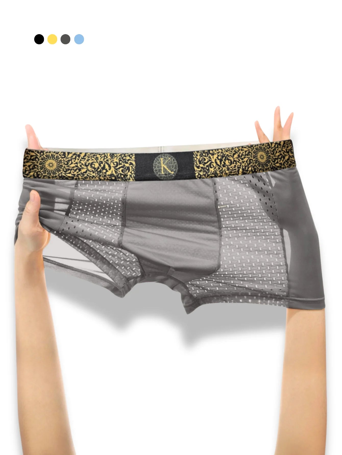 1PC Mesh Ice Silk Boxer Shorts Men's Underwear Underpants Luxury Boys Retro Panties Bamboo Lingerie Plus Size Gold Black Print
