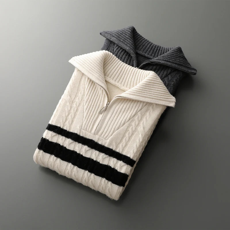 Thick Sweater Men 100% Wool Pullover Knitwear Half Ziper Turn-down Neck Knitted Top Casual Twist Flower Pure Wool Sweater - ATFH