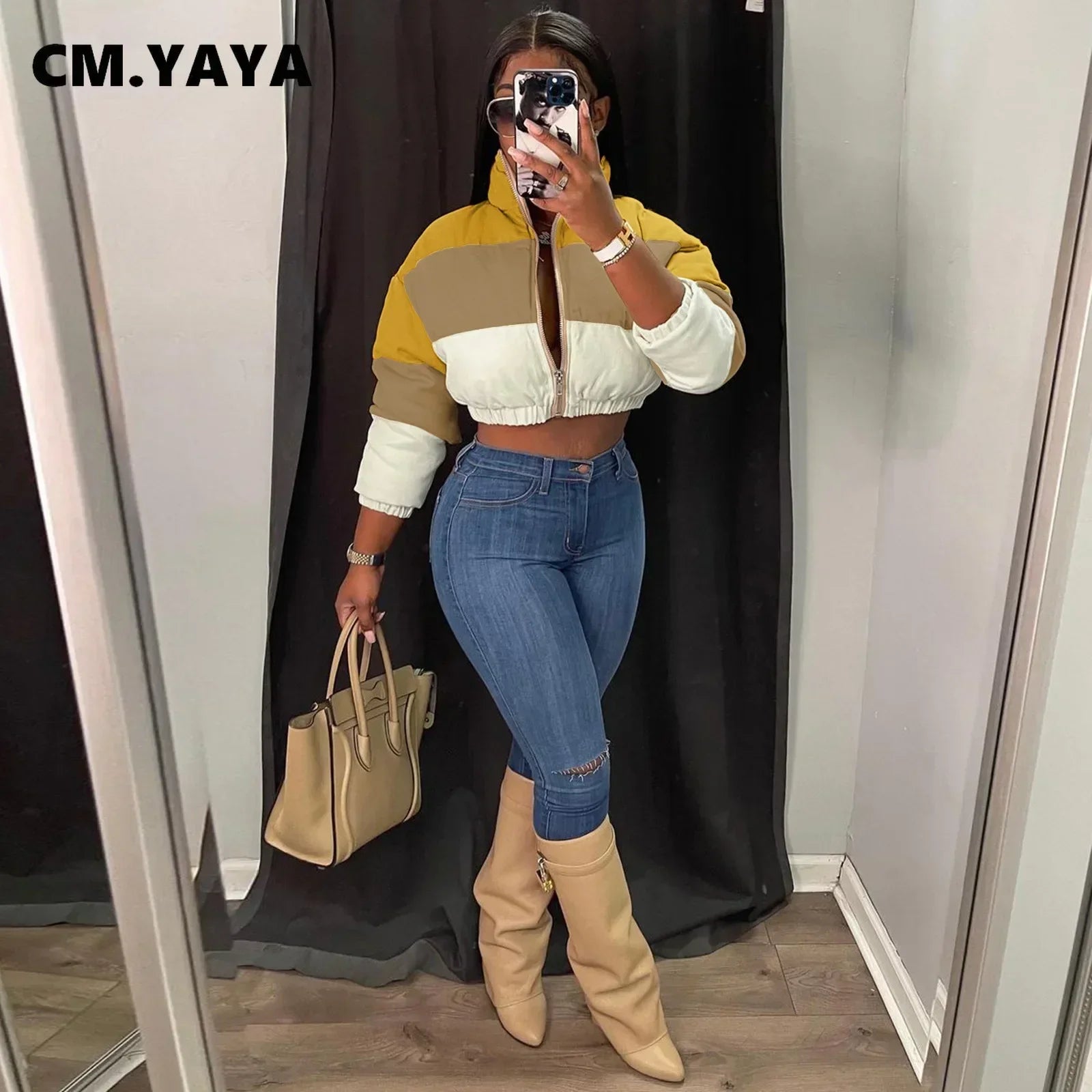 Waterarea Women Patchwork Zipper Fly Long Sleeve Down Coat Winter Keep Warm Streetwear Parkas Outcoat Jackets ATFH