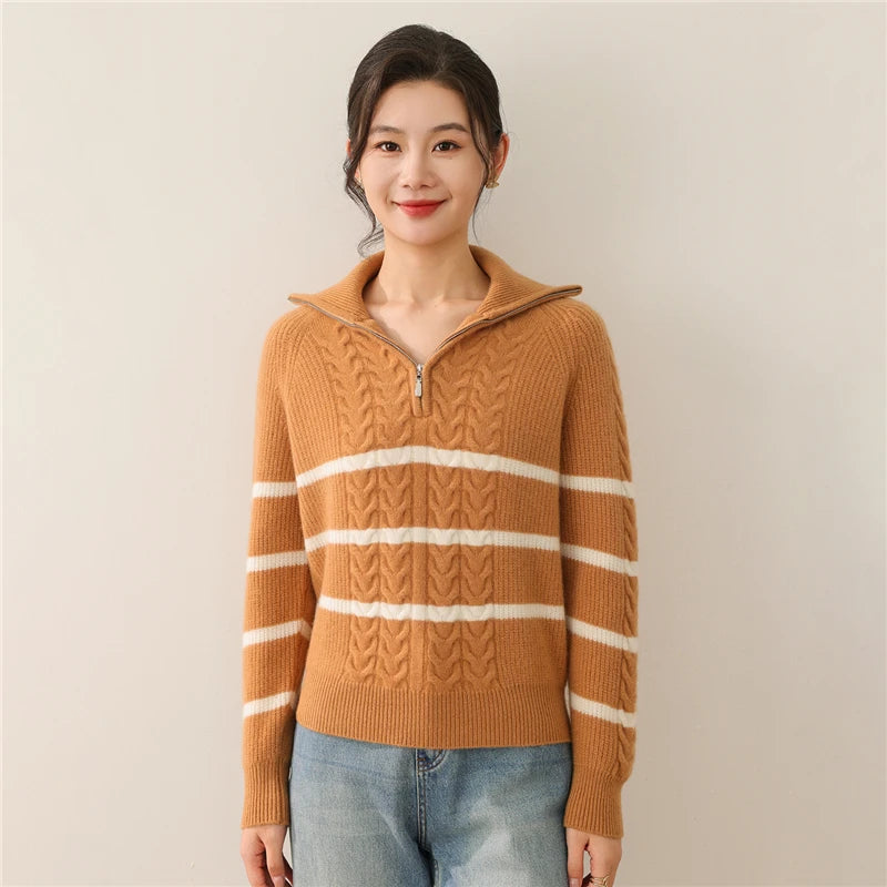 New Ladies Pullover 100% Merino Wool Loose Striped Color Blocking Sweater Autumn Winter Knit Thick Clothing Warm Soft Casual Top - ATFH