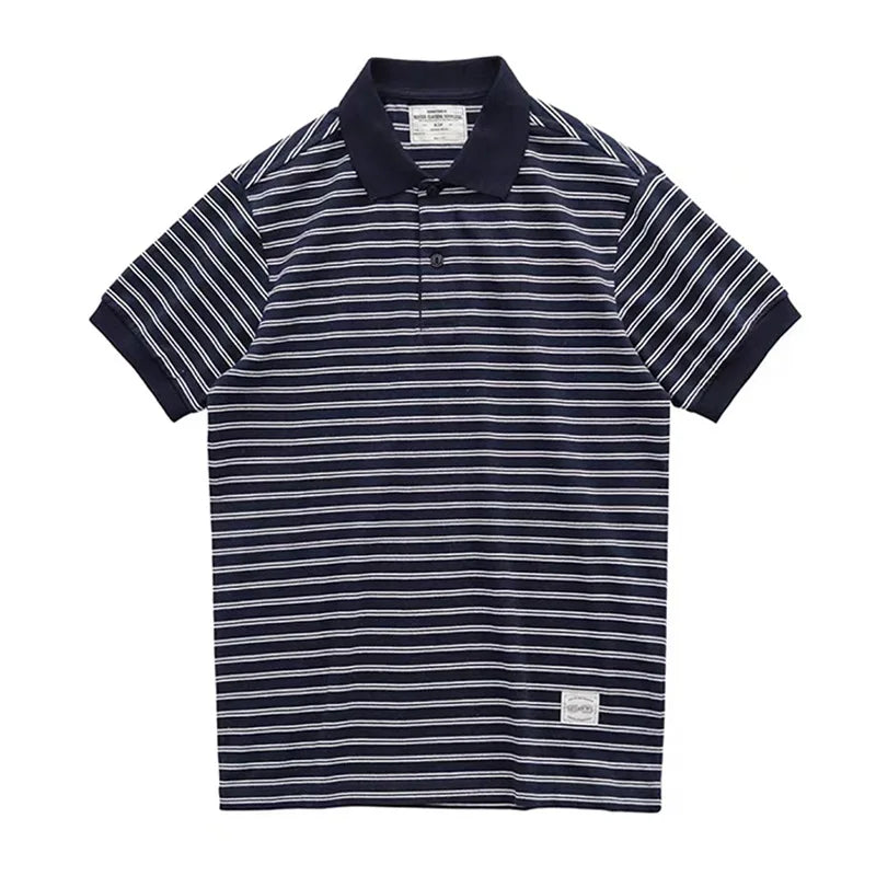 Summer Lapel T-shirt Amekaji Retro Breton Stripe Shirt Pure Cotton Short Sleeve Striped Men's Polo Shirt American Vintage Casual