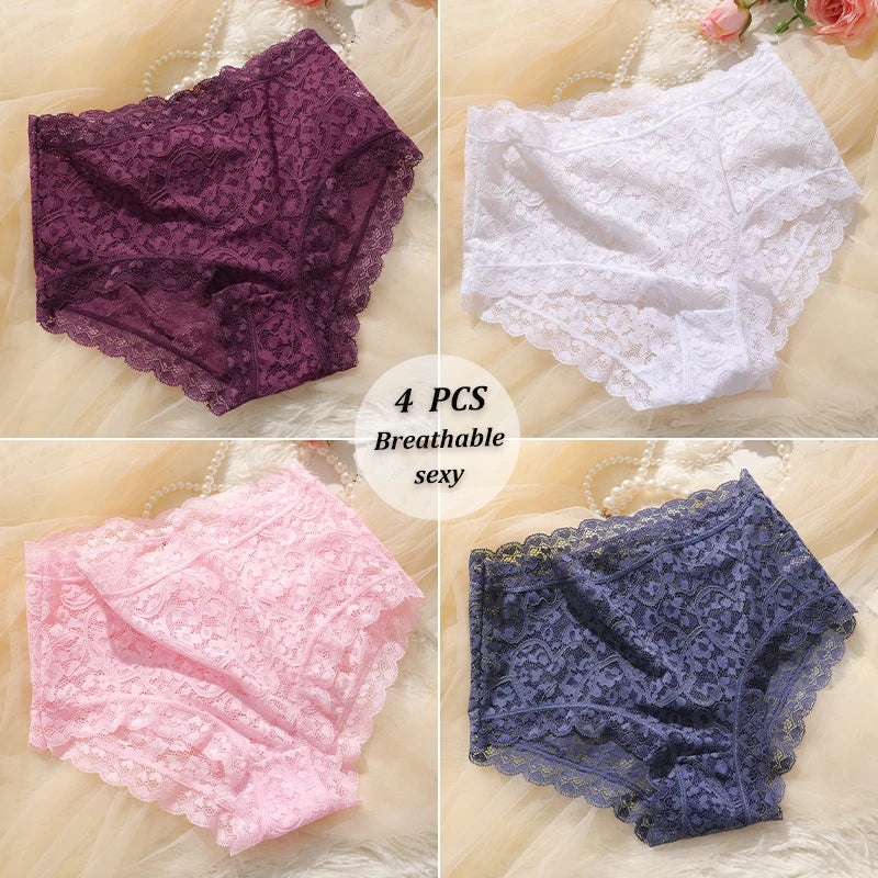 4PCS/SET See Through Lace Panties Women High Waist Full Hip Breathable Underwear Multi Color Skin-Friendly Intimate Lingerie New