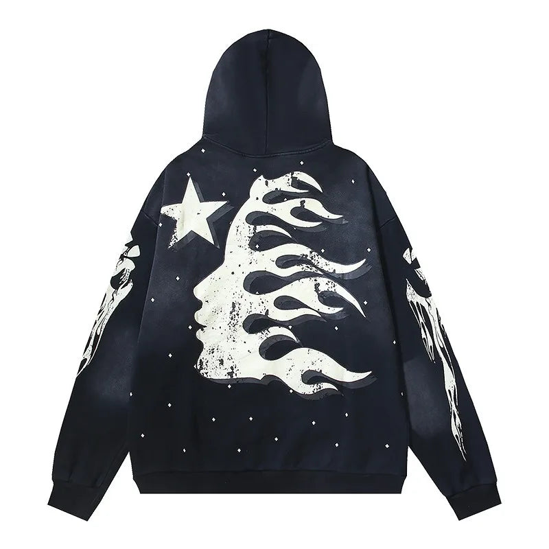 Hellstar Washed Distressed French Terry High Street Hoodie Sweatshirt Jacket Unisex Streetwear Vintage Outerwear