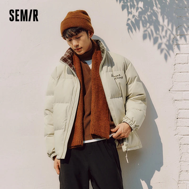Semir Men Down Jacket 90 Percent Down Fill Plaid Loose Fit Stand Collar Modern Style 2026 New Winter Daily Wear