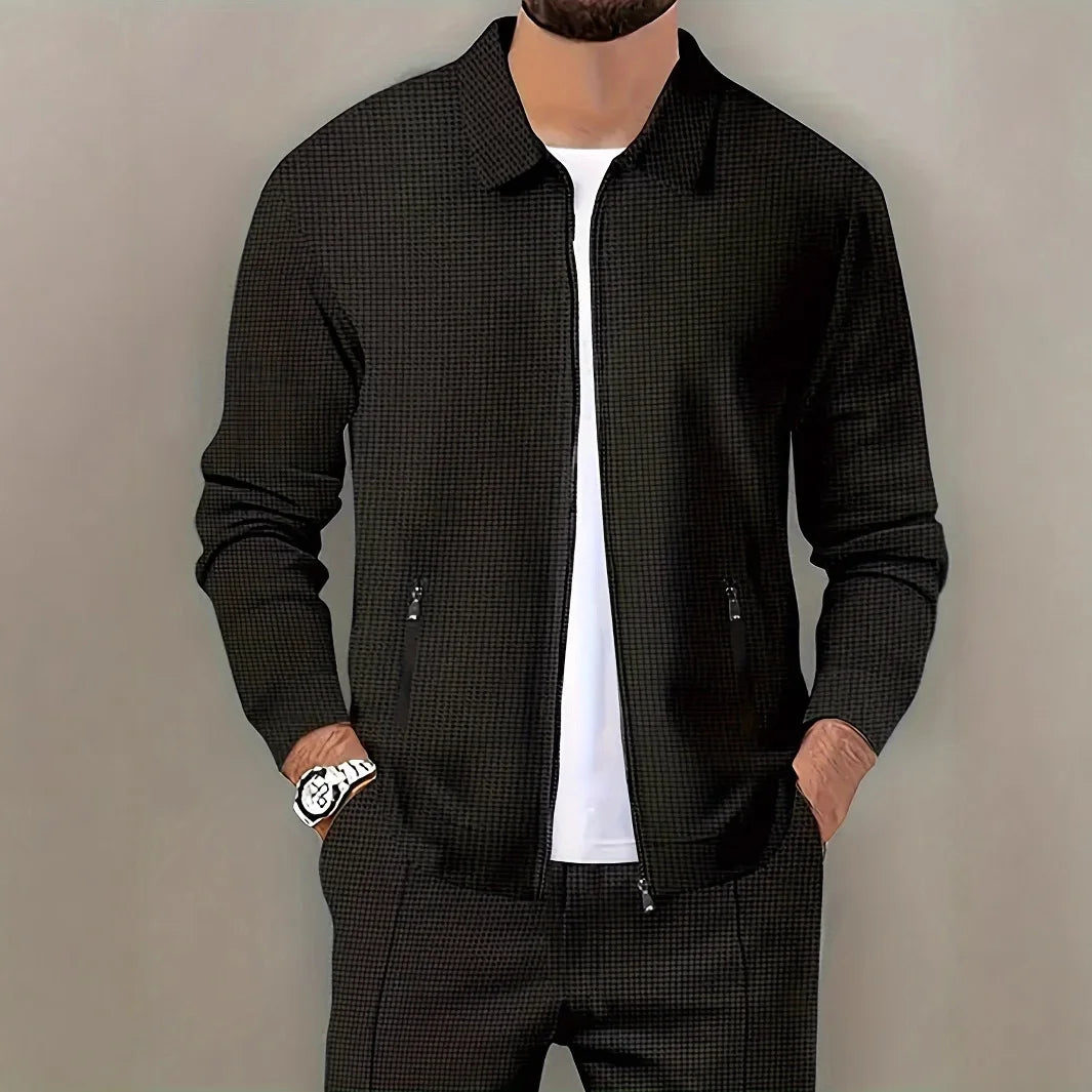 Men's Spring Waffle Two-Piece Set Casual Sports Suit with Zipper Long-Sleeved Jacket And Pants Collared - ATFH