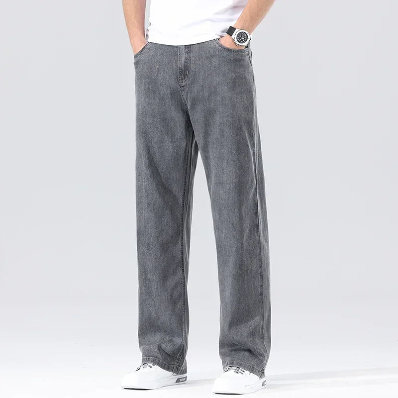 Men's Loose Jeans Summer Fashion Drape Soft Fabric Ultra Thin Pants Wide Legs Ice Silk Lyocell Business Straight Denim Trousers ATFH