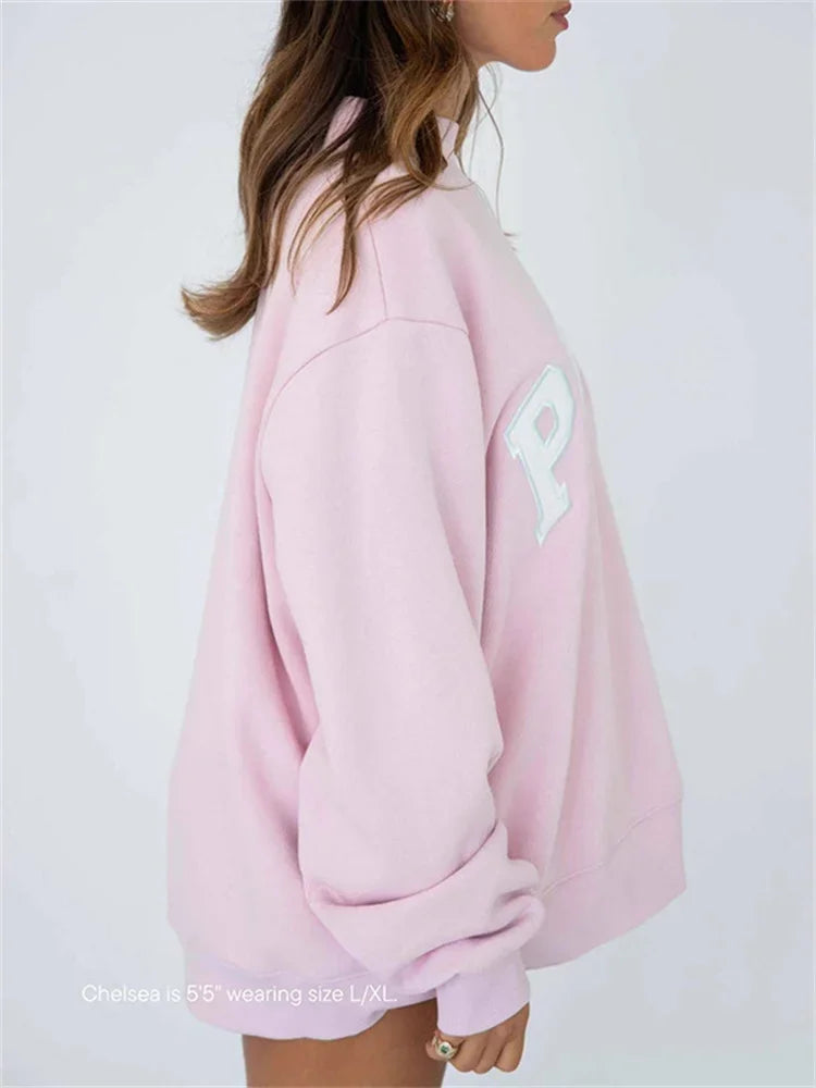 2026 New Women Long Sleeve Sweatshirts Casual Vintage Patch Letter Embroidery Female Loose Fit Sports Pullover Top - ATFH