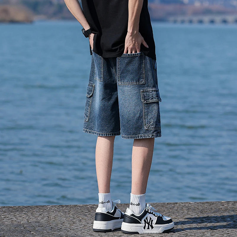 Vintage Blue Men's Denim Shorts Summer New Large Pocket Loose Wide Leg Cargo Jeans Knee Length Elastic Waist Casual Shorts ATFH