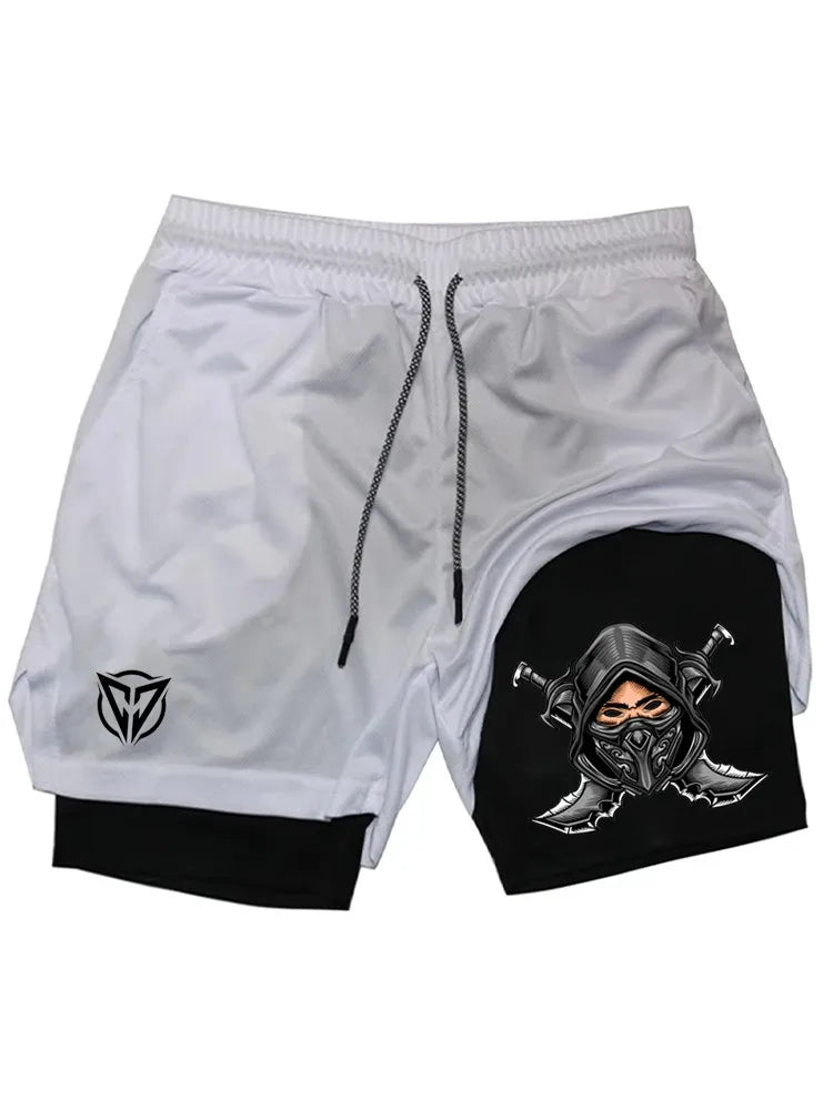 Men's Ninja Graphic 2-in-1 Shorts, Quick Dry Breathable Gym Athletic Workout Streetwear Casual Sports Shorts WX016