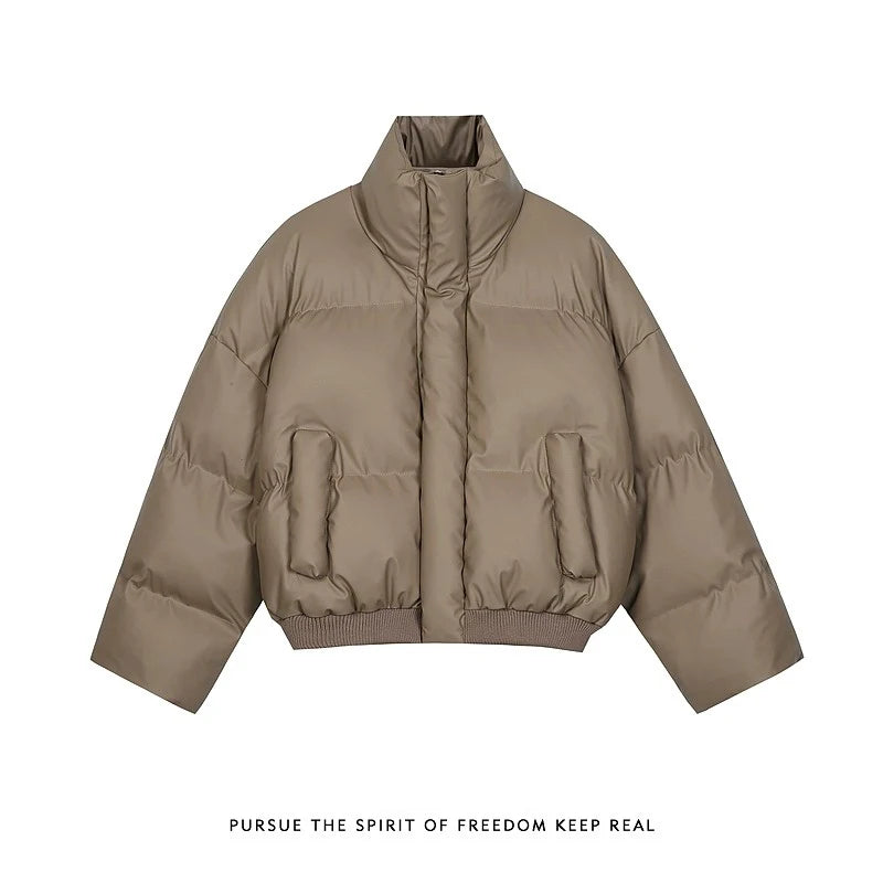 New 2025 Winter Women's Fashion Oversized Black Puffer Jacket Casual Windproof Stand Collar Short Cotton Down Coat for Women ATFH