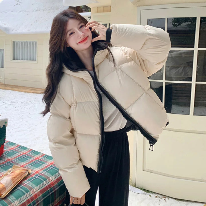 Two-Tone Cotton Padded Jacket 2025 Winter Short Hooded Coat Women Loose Thickened Casual Parka with Drawstring Hem Petite Sizes
