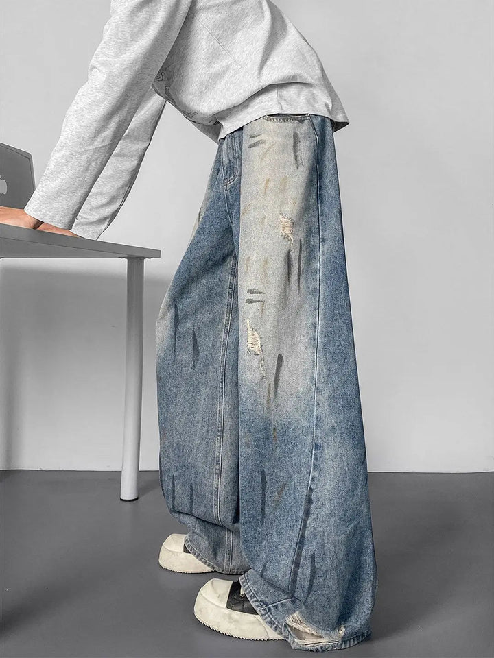 Men's Splashing Ink Graffiti Ripped Jeans Wide Leg Pants Summer Bottom Young Boy Casual Sweatpants Male High Waist Trousers ATFH