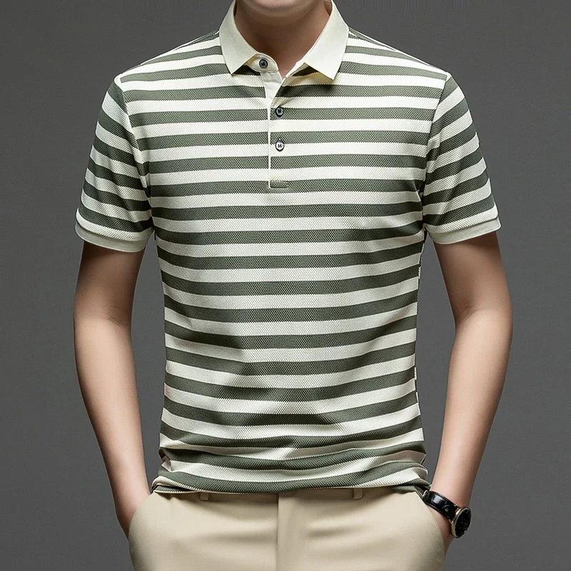 Men Striped Short Sleeve Polo Shirt Casual Breathable Waffle Knit Summer Classic Fashion Business Top