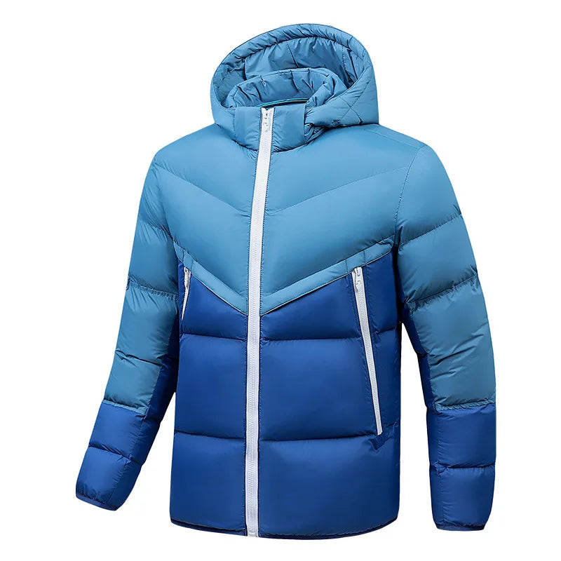 KIDWHXR Man Hooded Parkas Coat Fshion Contrast Color Male Jacket Thicken Warm Slim Long Sleeve Lightweight Men Casual Outerwear