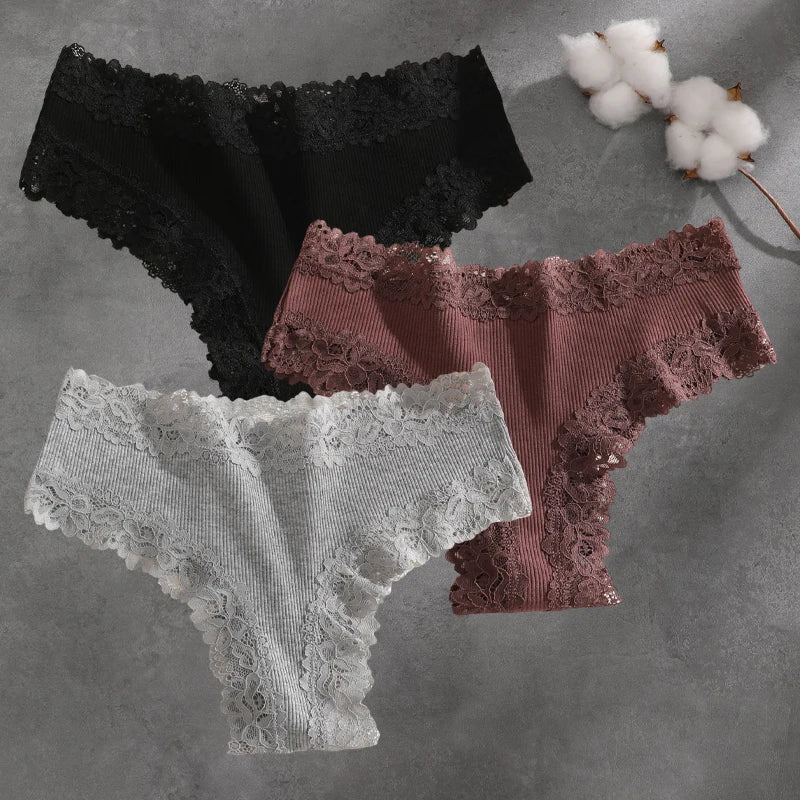 3Pcs Cotton Lace Patchwork Bikini Panties Women Seamless Floral Print Brazilian Pants Low Waist Breathable Female Sexy Lingerie