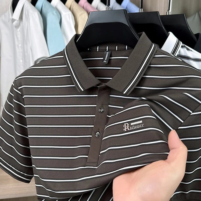 Trend brand letter embossed short sleeve polo shirt men high-quality striped Korean style summer new casual breathable T-shirt