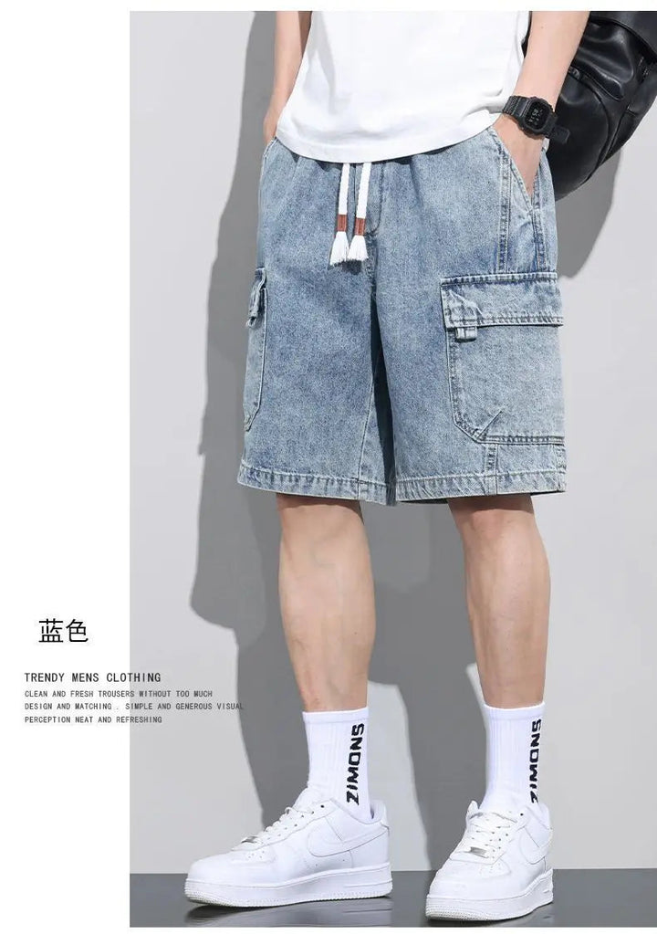 2026 New Baggy Cargo Denim Shorts Men Y2K Vintage Drawstring Jorts High Street Hip Hop Fashion Blue Short Jean Pants for Summer ATFH