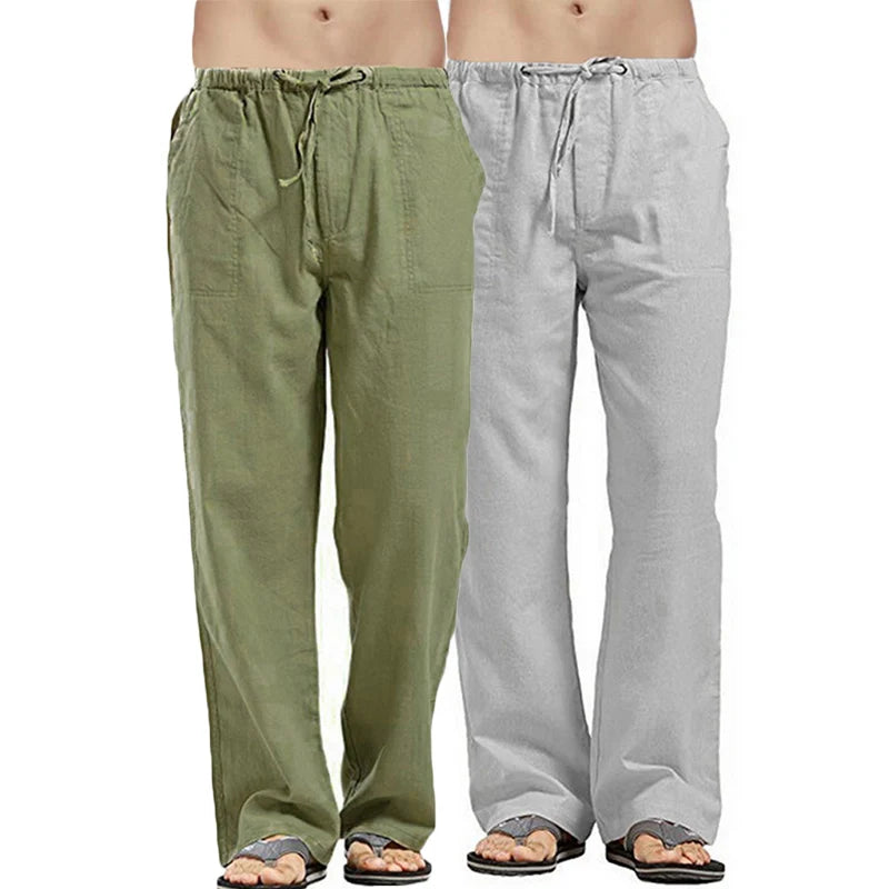 New Breathable Linen pants Mens 2-Pcs Summer Lightweight Cool Casual Pants Loose Drawstring Trousers Outdoor Work Classic Pants