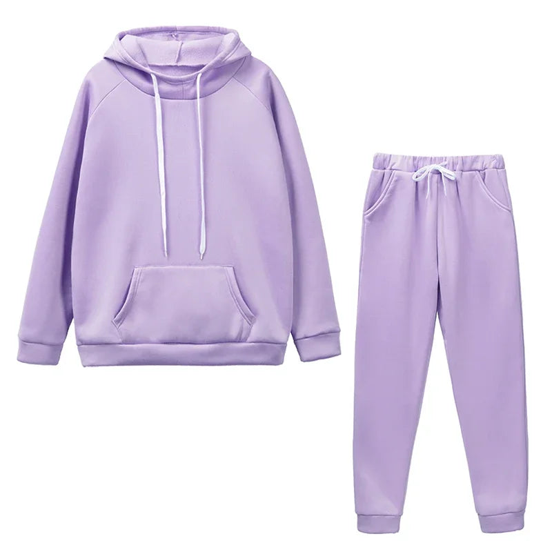 New Women's 2 Pcs Suits Casual Hooded Sweatshirts Outfits Outdoors Sports Jogging Clothing Autumn Winter Street Woman Pants Sets