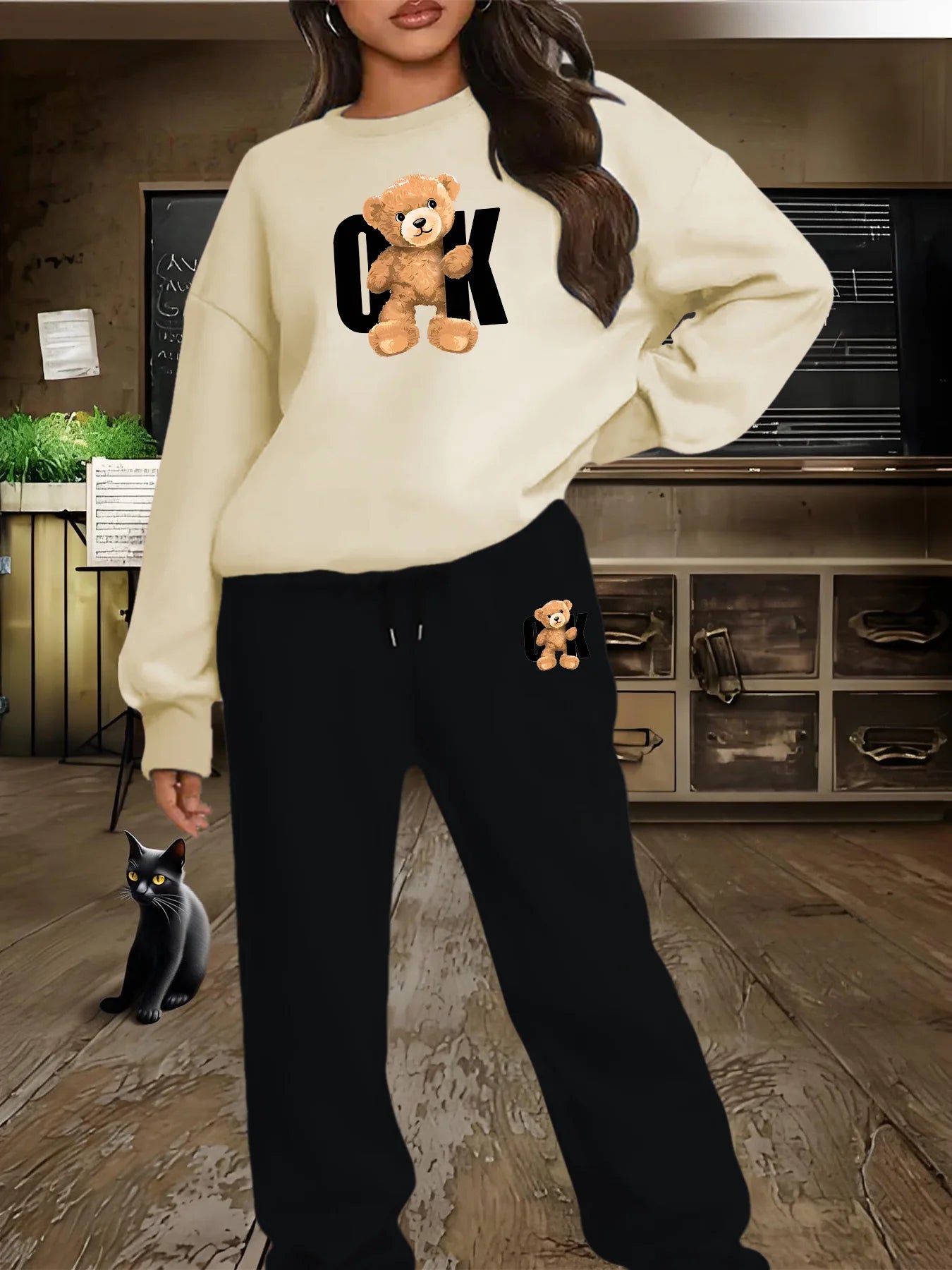 Women's autumn and winter hip-hop casual street fashion printed round neck sweatshirt+sweatpants warm suit