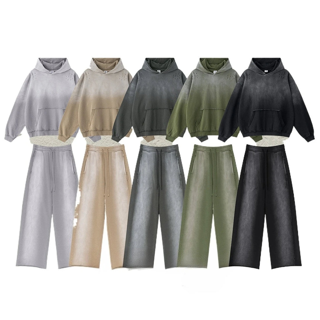 Custom LOGO men's 2025 autumn 370G heavy 100% cotton gradual change hole hooded sweater straight trousers set - ATFH