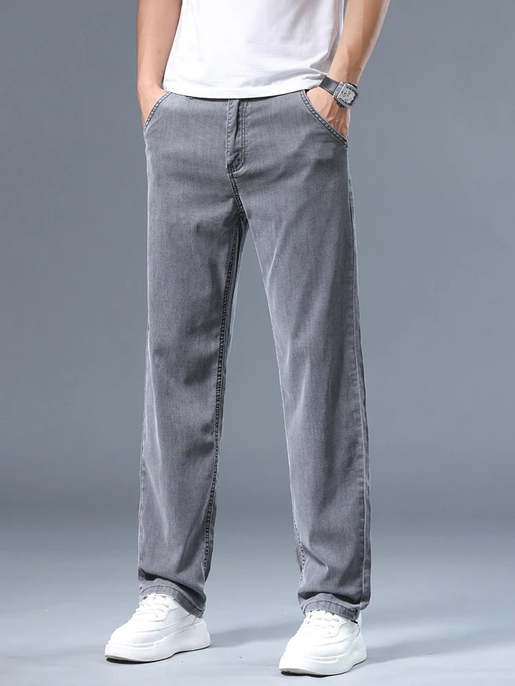 Summer Thin Men's Loose Straight Jeans Lyocell Soft Drape Business Casual Trousers Classic Smoke Gray Brand Ice Silk Pants ATFH