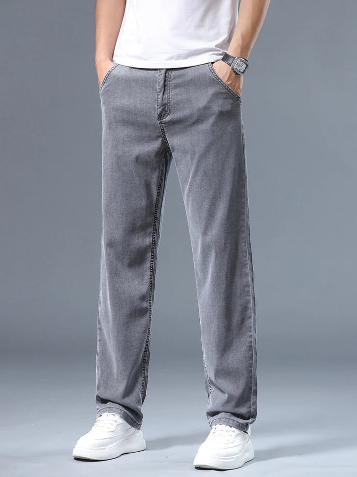 Summer Thin Men's Loose Straight Jeans Lyocell Soft Drape Business Casual Trousers Classic Smoke Gray Brand Ice Silk Pants ATFH