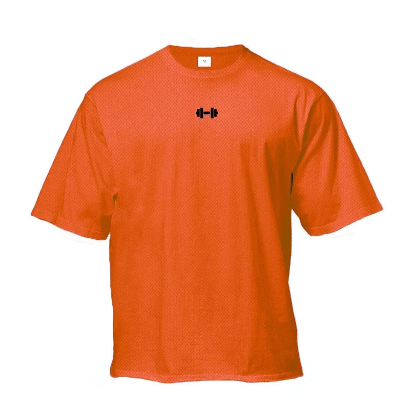 Oversized Loose Gym Clothing Mesh Quick Dry Bodybuilding Fitness Men Short Sleeve Barbell print Sport Streetwear Workout T-Shirt ATFH