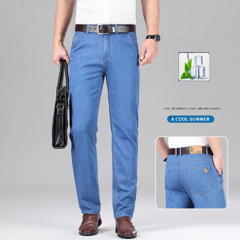 New Lyocell Fabric Jeans Men Summer Thin Business Straight Leg Loose Trousers Men's Casual Long Pants Large Size ATFH