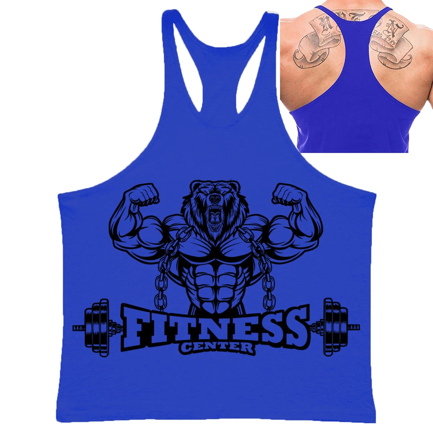 Men's Fitness Bear Graphic Stringer Tank Top, Bodybuilding Gym Vest, Summer Casual Street Fashion Sleeveless Shirt