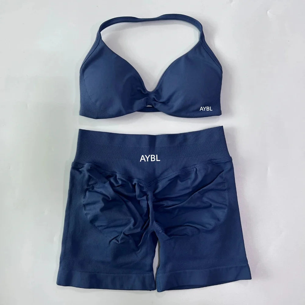 Trendy 2PCS Gym Set Women Strappy Yoga Bra Top High Waist Workout Scrunch Shorts Sports Suit Seamless Yoga Set Fitness Clothes Tahsi Fashion House
