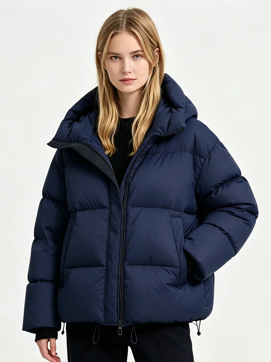 RU Women Hooded Short Puffer  Zip‑Up Loose Long Sleeve Drawstring Hood Warm Winter Female Outerwear