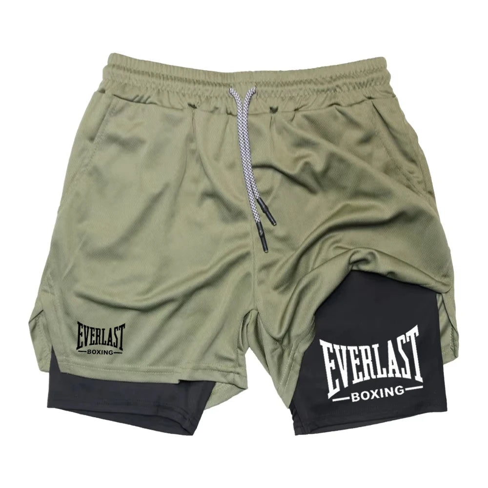 Men's Compression Gym Shorts, EVERLAST Printed Sports Pants, Double Layered, Quick Drying, Basketball, Muscle, Fitness RL0365