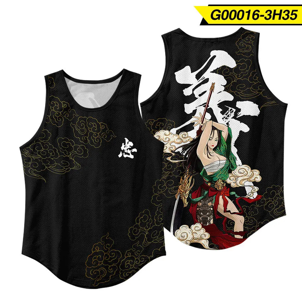 Summer Workout Black Print Sleeveless Beach Undershirt Vest Men Tank Top Gym Stringer Singlets Fitness Clothing