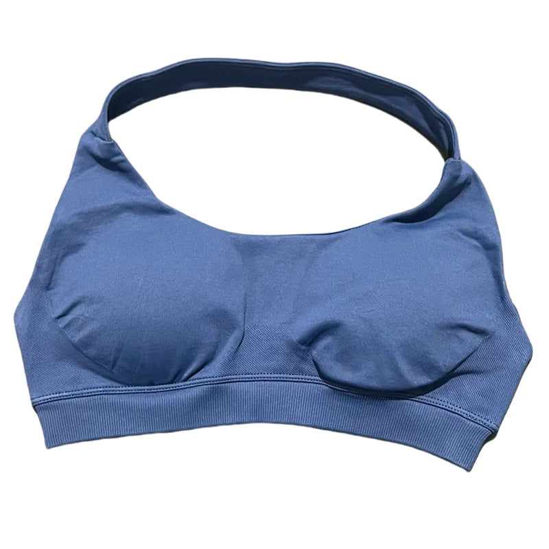 HISTELLO Women Seamless Halter Top Sports Bra High Support Push-up Open Back Pilates Gym Wear Fitness Yoga Workout Underwear - ATFH