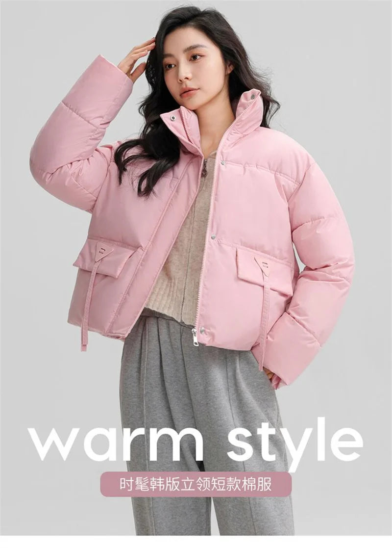 New Down and Cotton Jacket women's Short Korean Version Cotton Jacket  Stand Collar Loose Autumn and Winter bread Fashion jacket ATFH