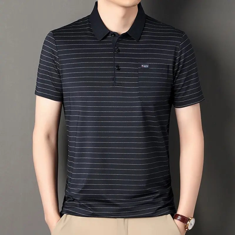 Summer Men's Short-sleeved Lapel Stripe T-shirt with Real Pocket Loose Casual Thin Polo Shirt