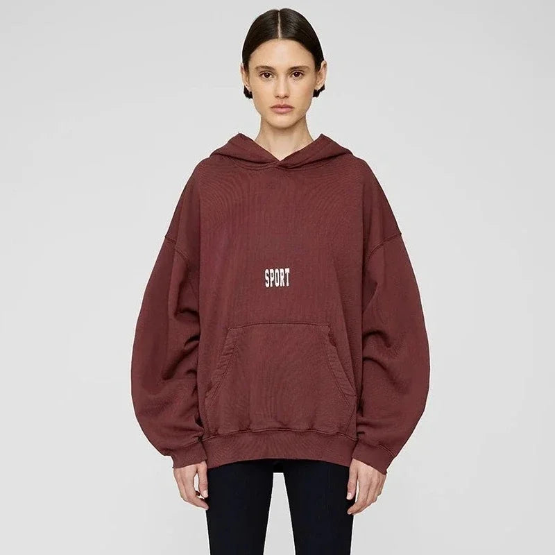 2026 Autumn Spring New North American Niche Classic Letter Printing Dyeing Fried Color Old Washing Water Women's Hooded Sweater - ATFH