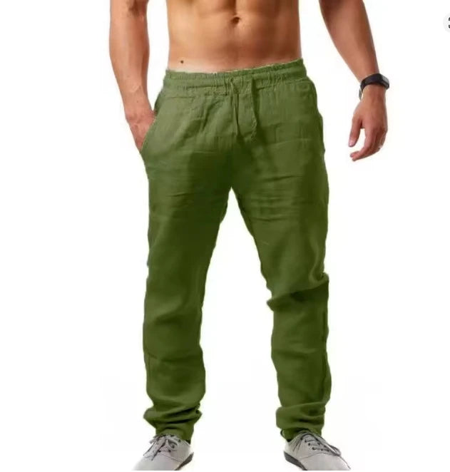 Spring and summer new men's solid-color cotton and linen casual long pants, Hawaiian beach loose sports and breathable street pa