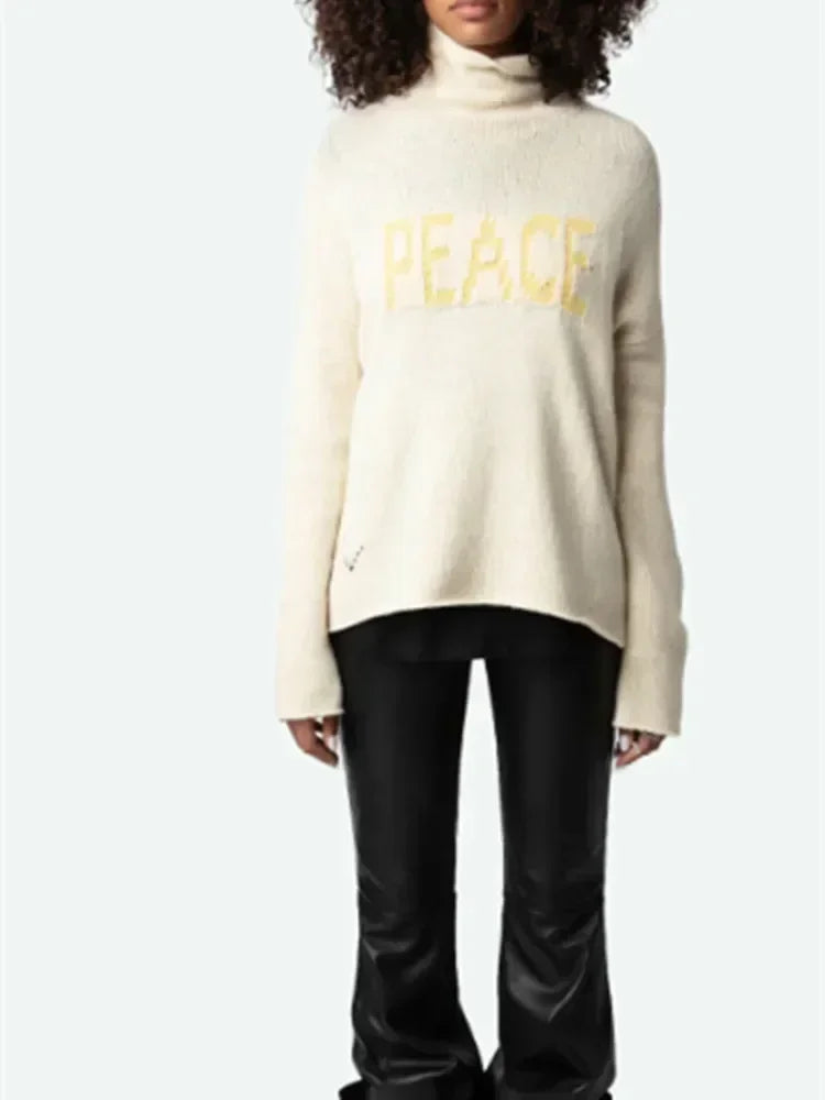 Women's Fashionable Versatile Letter High Neck Pullover Knitted Wool Sweater with Lazy Style Loose Top - ATFH