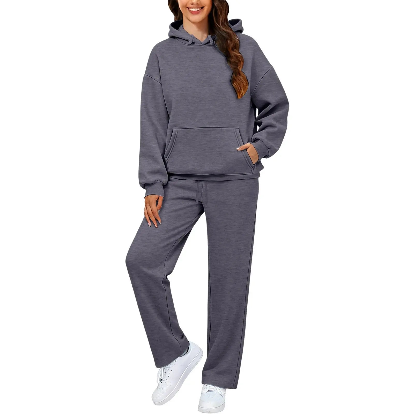 Autumn Winter Women Hoodie+Wide Leg Pants Two Pieces Casual Fleece Loose Long Sleeve Tracksuit Comfortable Sports Women Suit