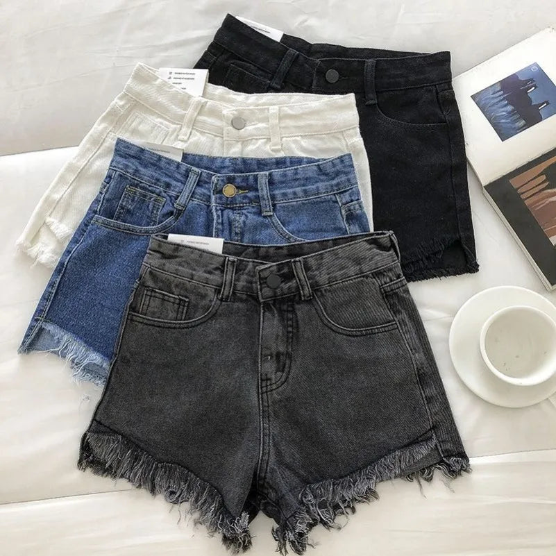 New Summer Women High Wiast Raw Hem Denim Shorts Soild White Black Blue Korean Wide Leg Pants Mon Shorts DURIKIES ATFH