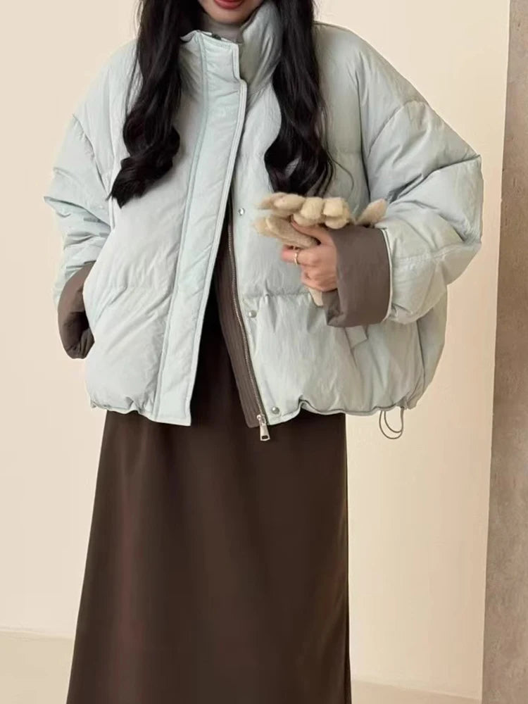 Aoaiiys Parkas Women Contrast Color Spliced Long Sleeve Outerwear Autumn Winter New Down Cotton Korean Casual Loose Jackets Coat ATFH