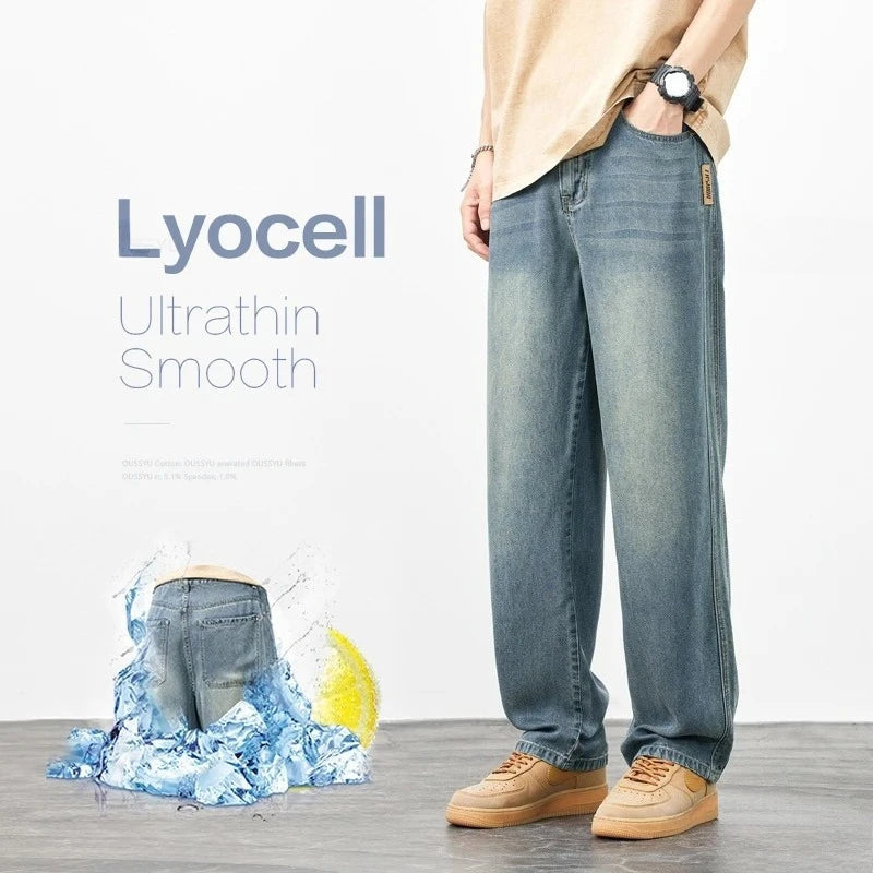 Good Quality Summer Cosy Soft Lyocell Fabric Men's Jeans Loose Wide Leg Pants Elastic Waist Thin Casual Y2K Trousers Plus Size ATFH