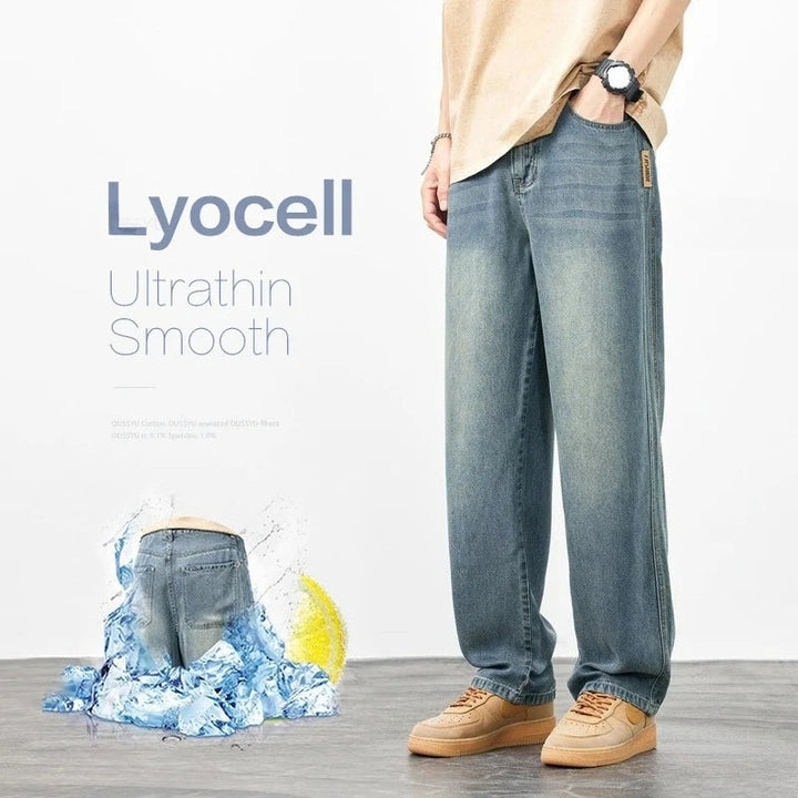 Good Quality Summer Cosy Soft Lyocell Fabric Men's Jeans Loose Wide Leg Pants Elastic Waist Thin Casual Y2K Trousers Plus Size ATFH
