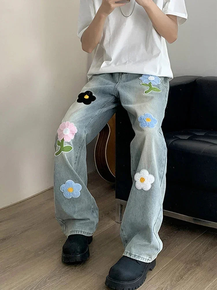 Y2K Vintage Flower Embroidered Jeans For Men High Street Baggy Straight Wide Leg Denim Pants Autumn Design Hip Hop Fashion Jean ATFH