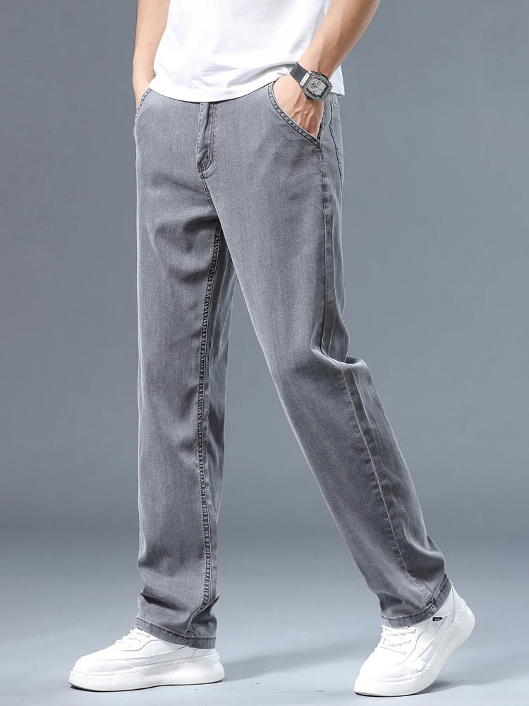 Summer Thin Men's Loose Straight Jeans Lyocell Soft Drape Business Casual Trousers Classic Smoke Gray Brand Ice Silk Pants ATFH