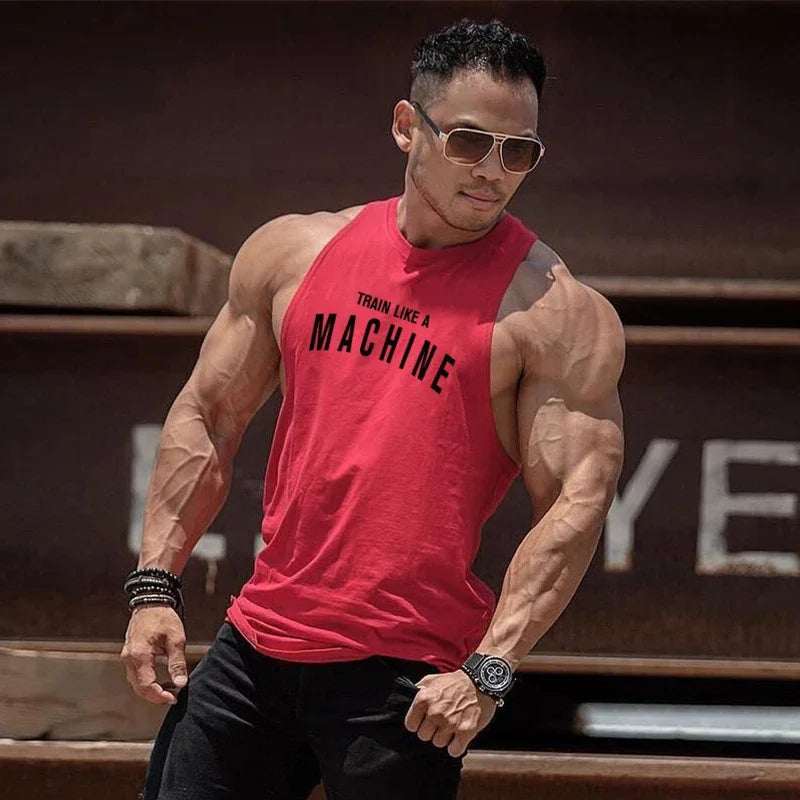 TRAIN LIKE A MACHINE Cotton Bodybuilding Tank Top Mens Workout Singlets Fitness Stringer Clothing  Sleeveless Men's casual vest