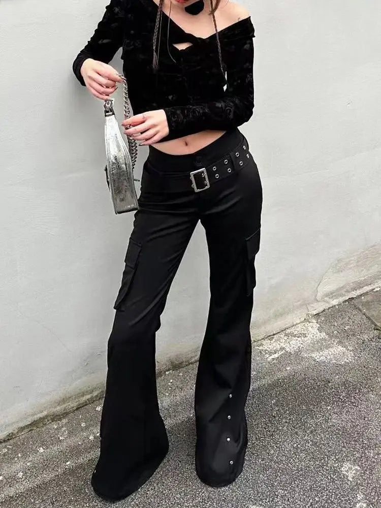 Retro new pure black rivet design belt decorative slim pants for women y2k Harajuku Goth low-waisted flared pants ATFH