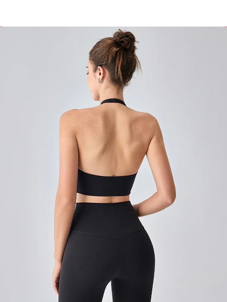 Women's Sexy Backless Padded Sports Bra Fixed chest pad Halter Neck Comfort Bare Navel Top Running Fitness Outdoor Sports Vest - ATFH